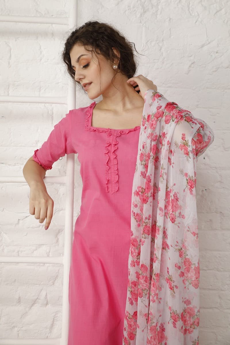Rani Pink Suit Set with Printed Dupatta