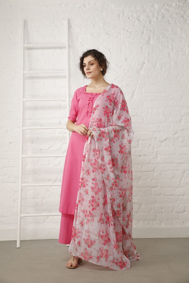 Rani Pink Suit Set with Printed Dupatta
