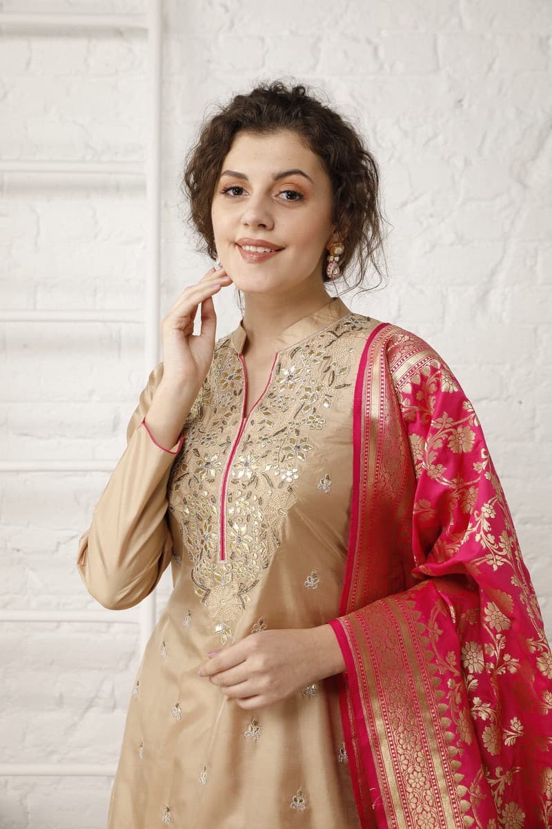 Rani Pink lehenga with Beige Top