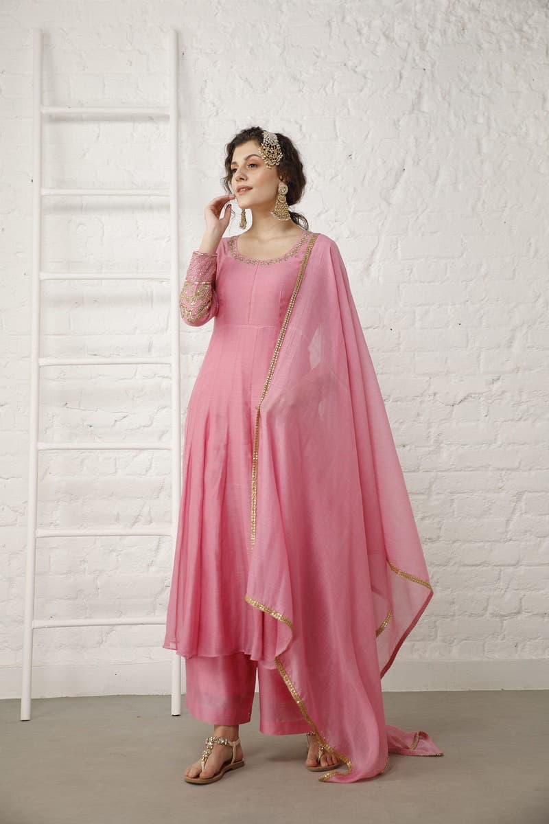Vintage Pink Silk Anarkali Set - Main Image