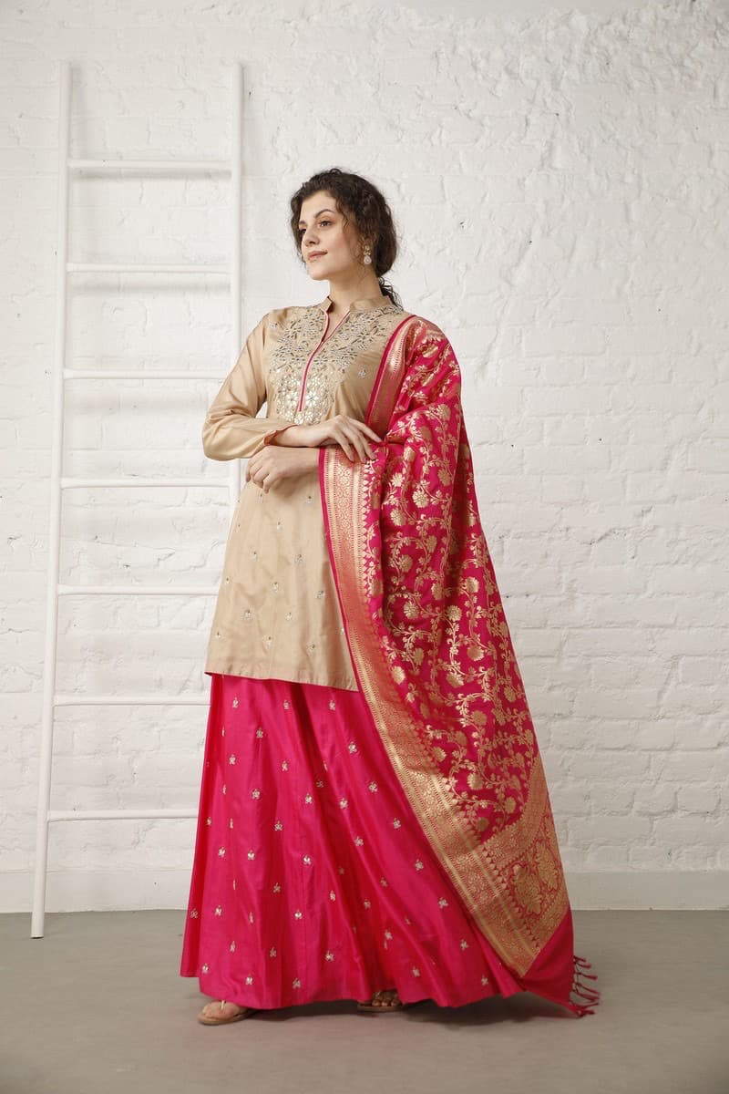 Rani Pink lehenga with Beige Top