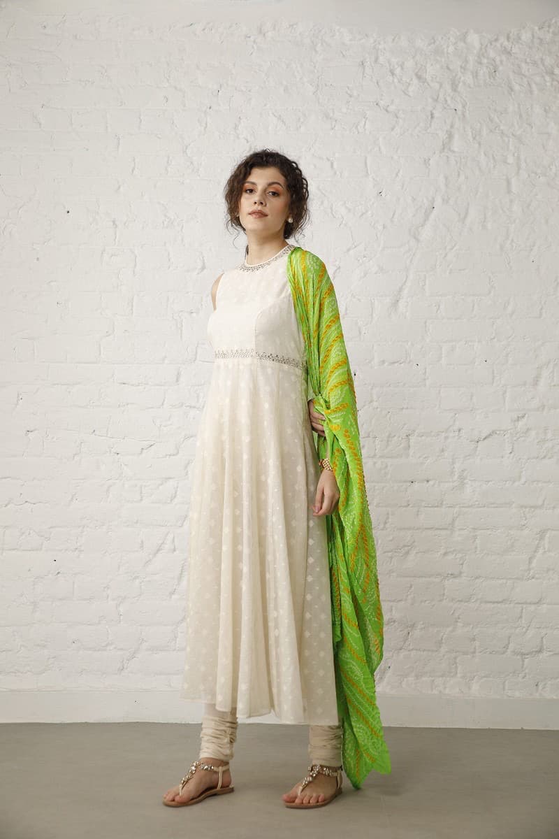 Off White and Green Anarkali Set