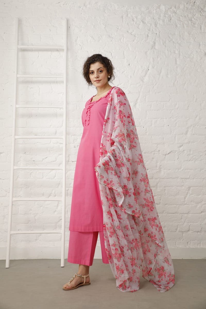 Rani Pink Suit Set with Printed Dupatta