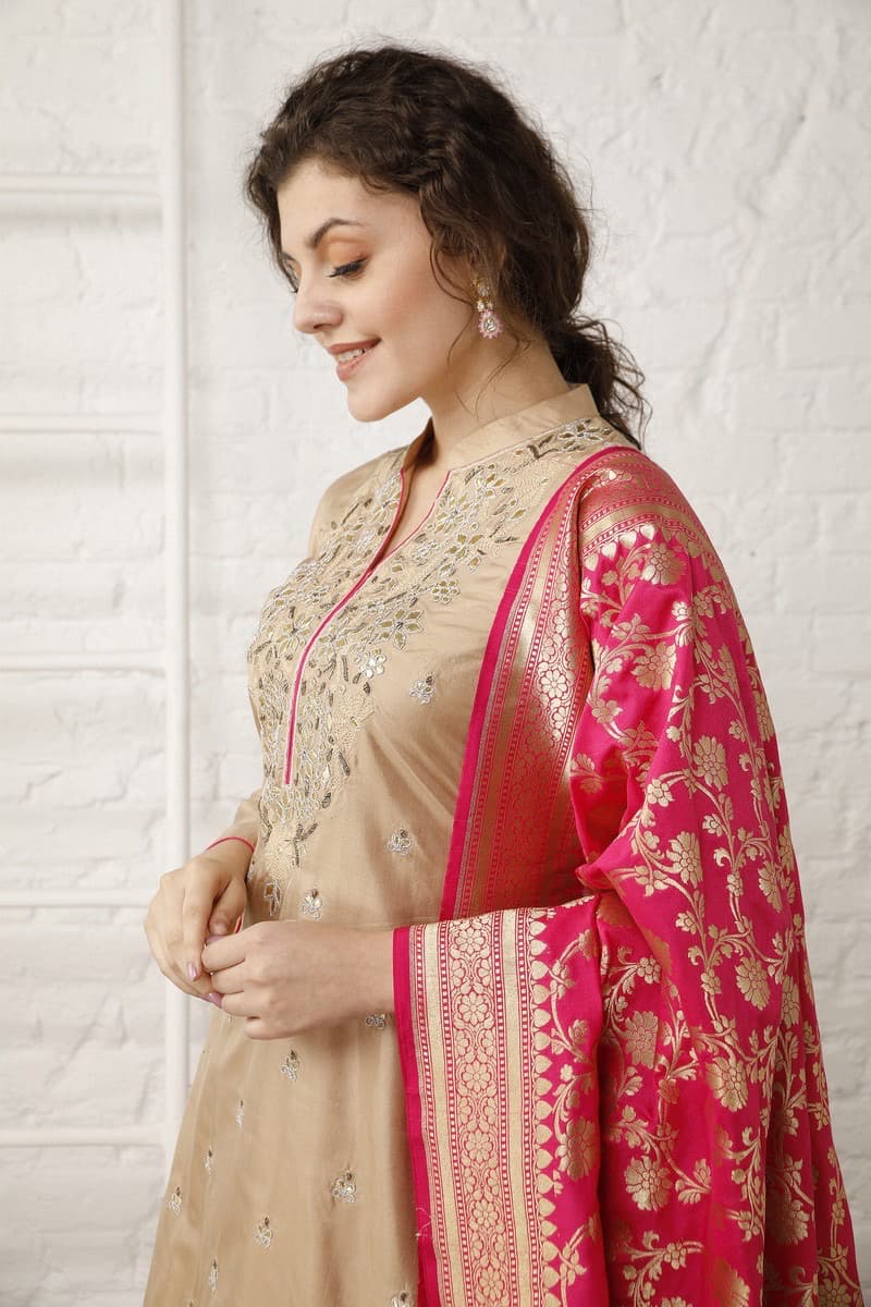 Rani Pink lehenga with Beige Top