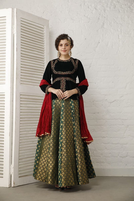 Emerald green velvet and banarasi Lehenga set