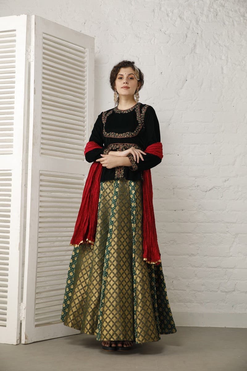 Emerald green velvet and banarasi Lehenga set