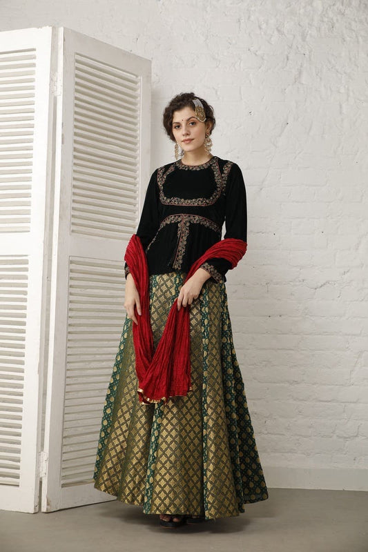 Emerald green velvet and banarasi Lehenga set