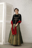 Emerald green velvet and banarasi Lehenga set