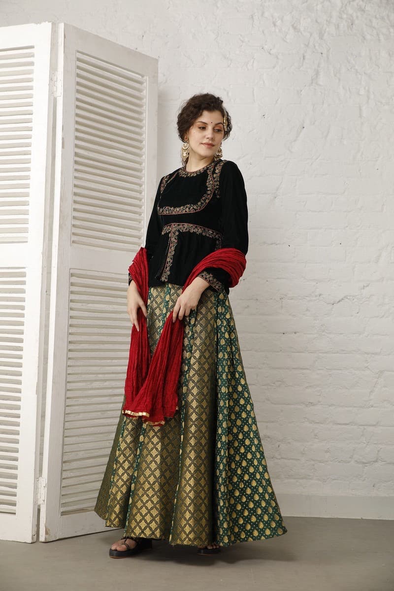 Emerald green velvet and banarasi Lehenga set