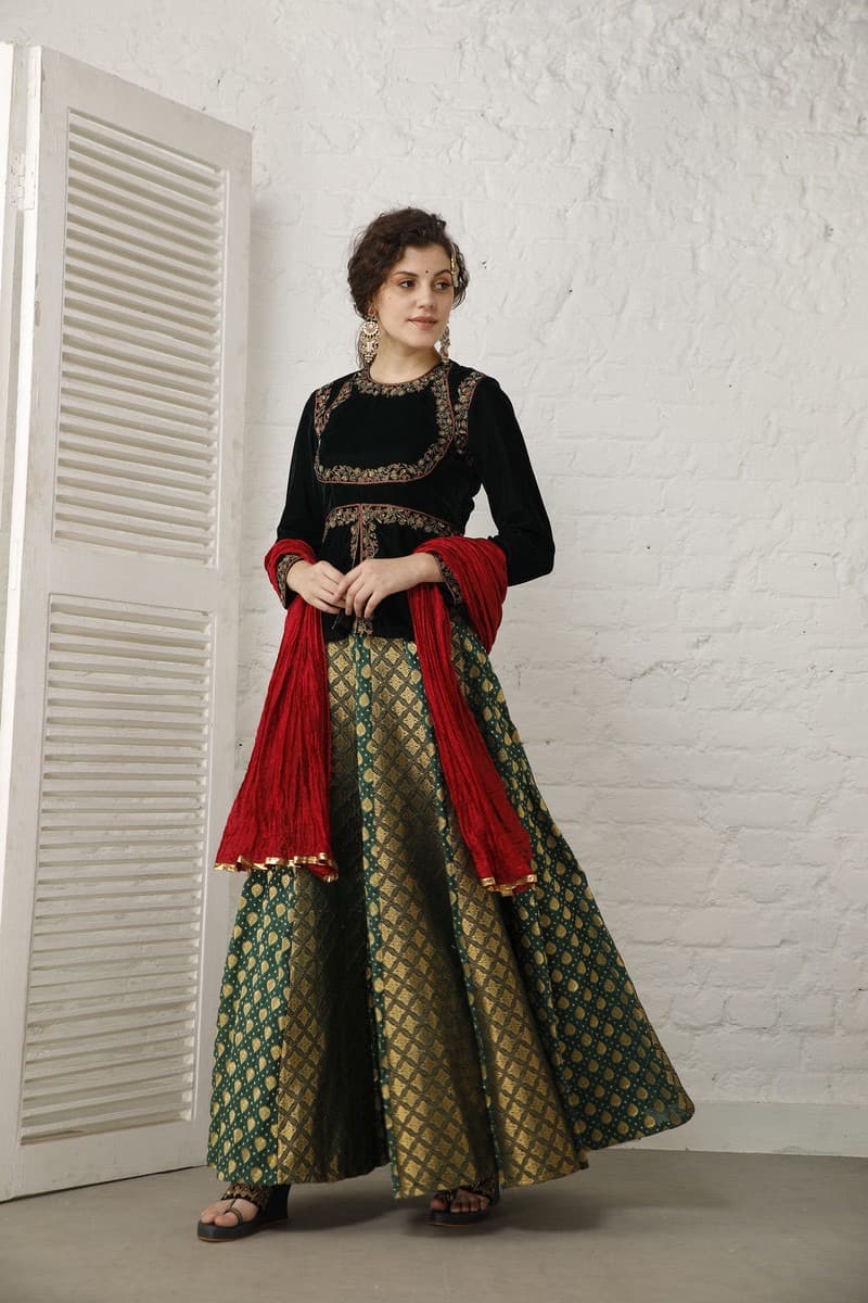 Emerald green velvet and banarasi Lehenga set