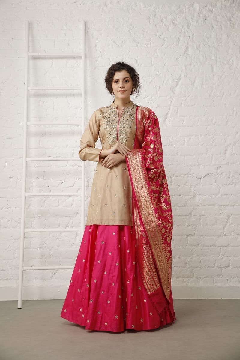 Rani Pink lehenga with Beige Top