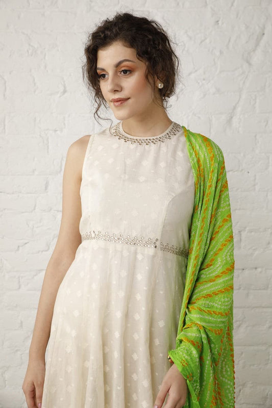 Off White and Green Anarkali Set