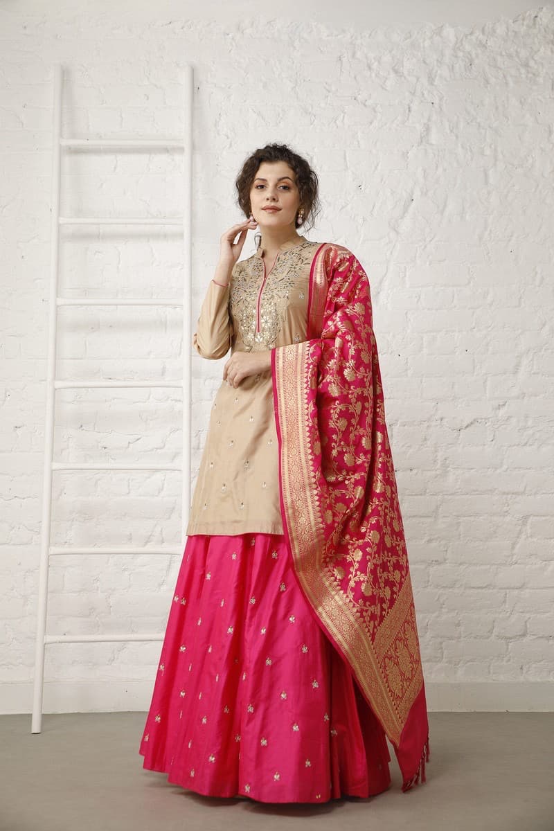 Rani Pink lehenga with Beige Top