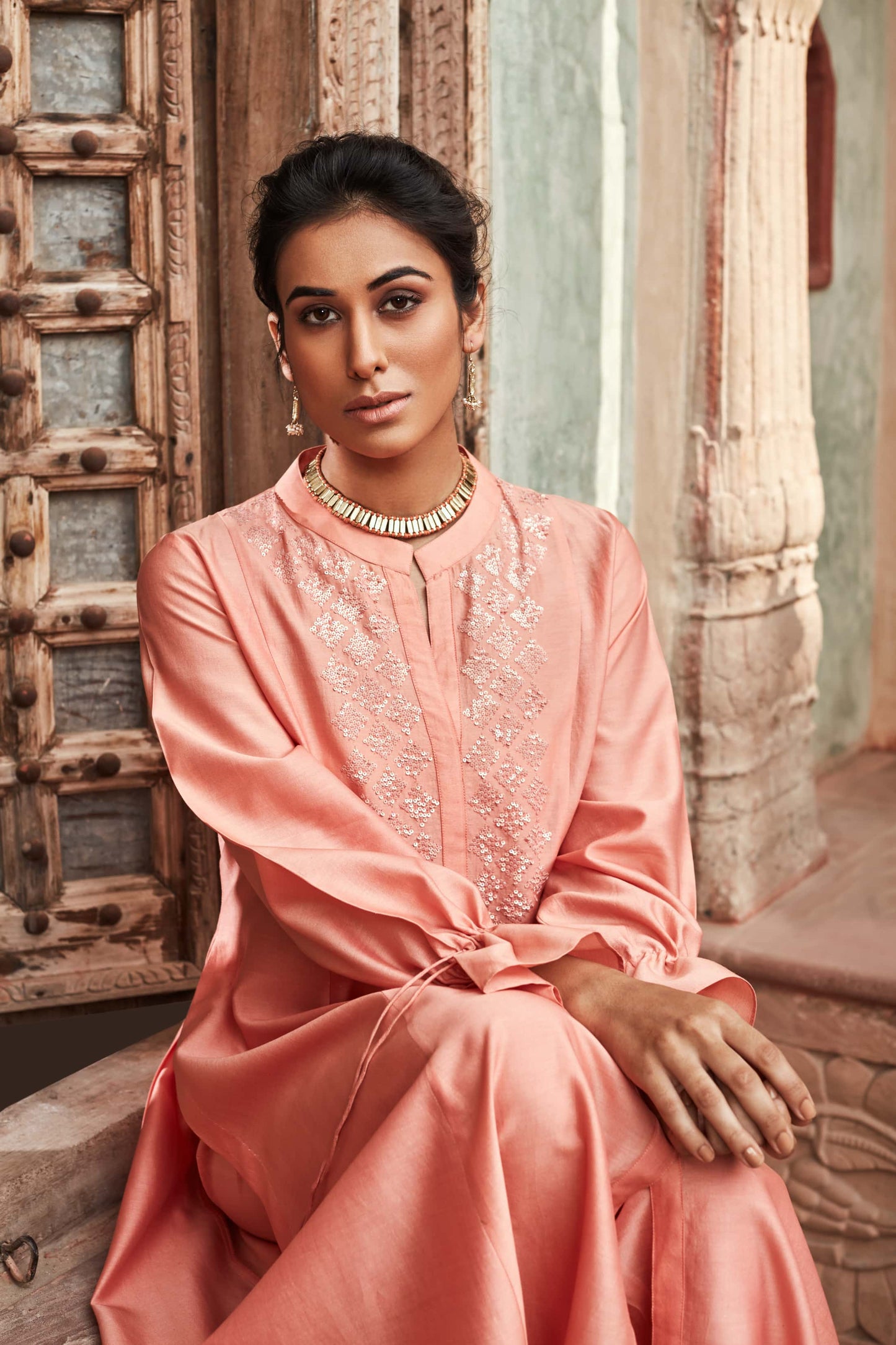 Peach Chanderi Silk Suit Set