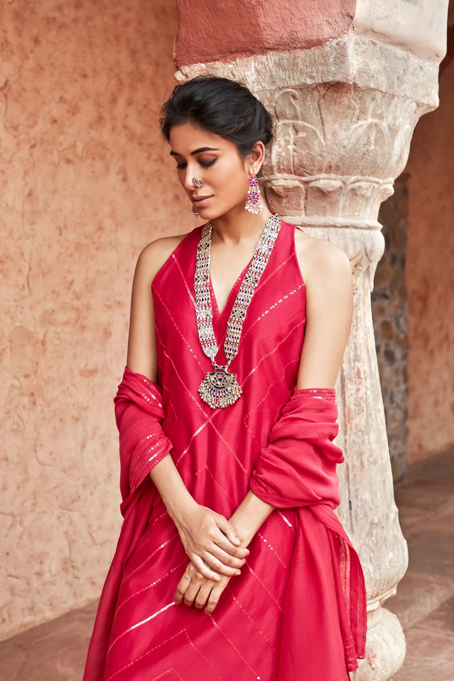 Fuchsia Chanderi Silk Suit Set