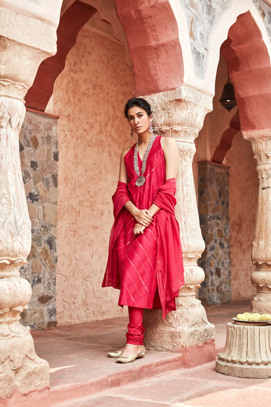 Fuchsia Chanderi Silk Suit Set