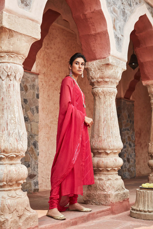 Fuchsia Chanderi Silk Suit Set
