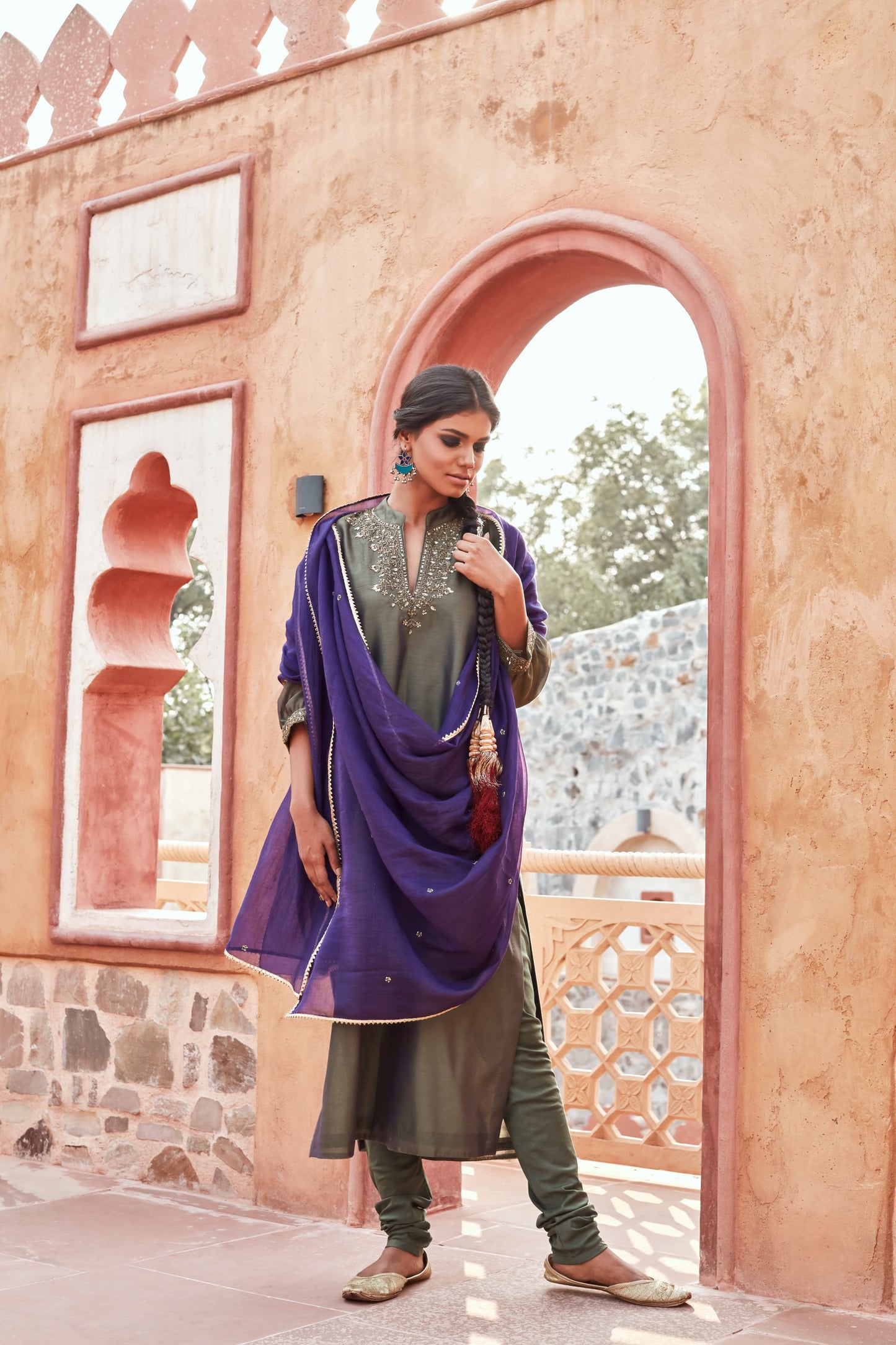 Olive Sreen Kurta Set with Purple Dupatta