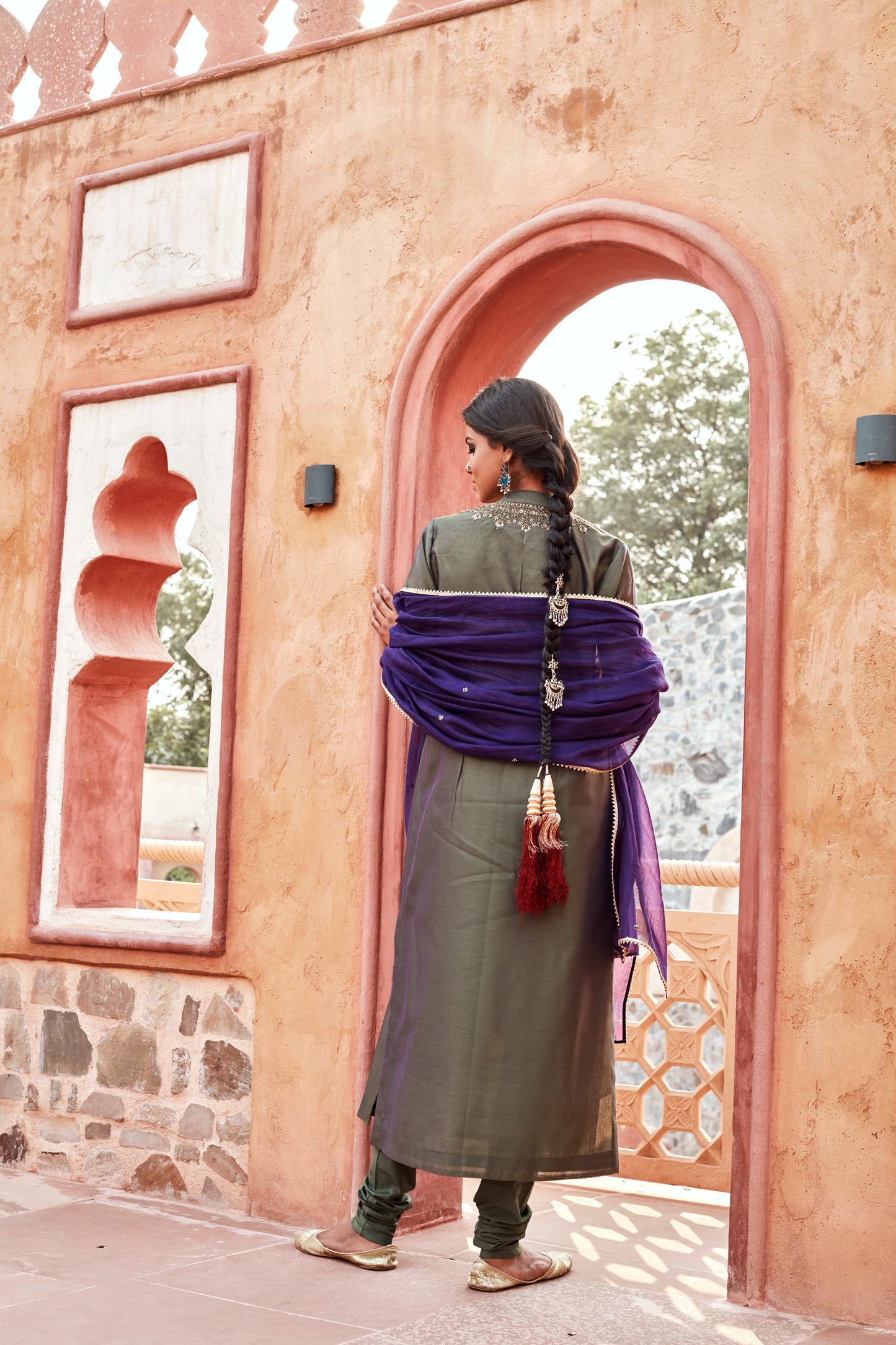 Olive Sreen Kurta Set with Purple Dupatta