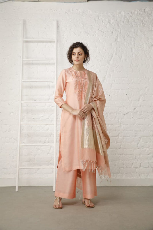 Vintage peach Chanderi Suit Set