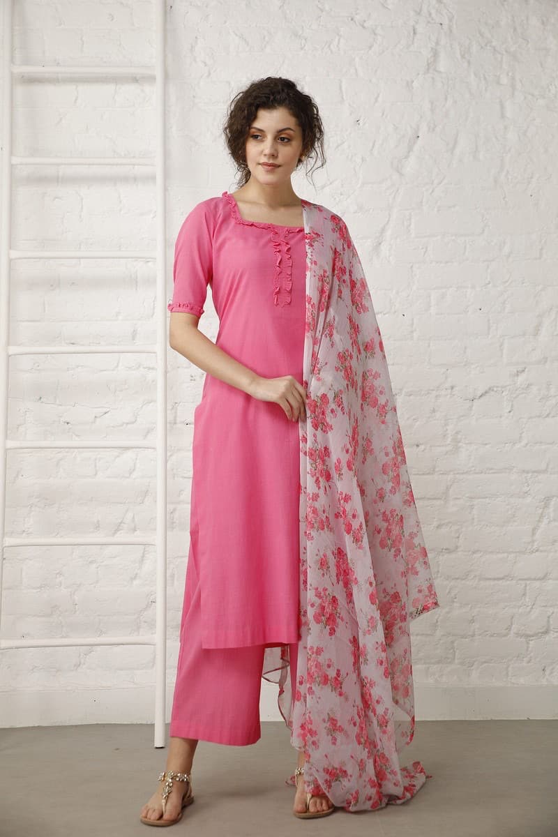 Rani Pink Suit Set with Printed Dupatta
