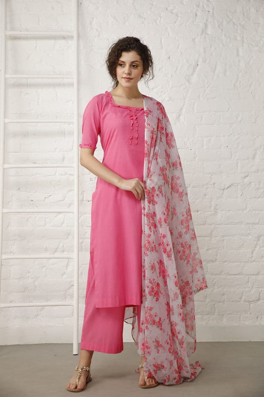 Rani Pink Suit Set with Printed Dupatta