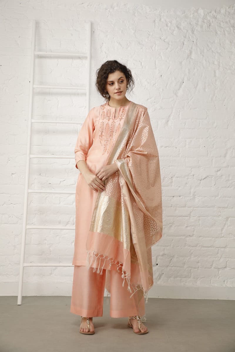 Vintage peach Chanderi Suit Set