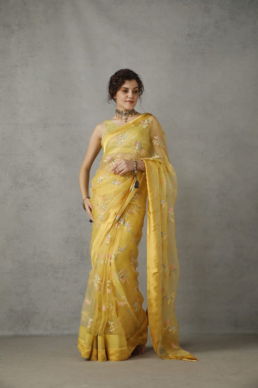 Vintage lemon organza saree
