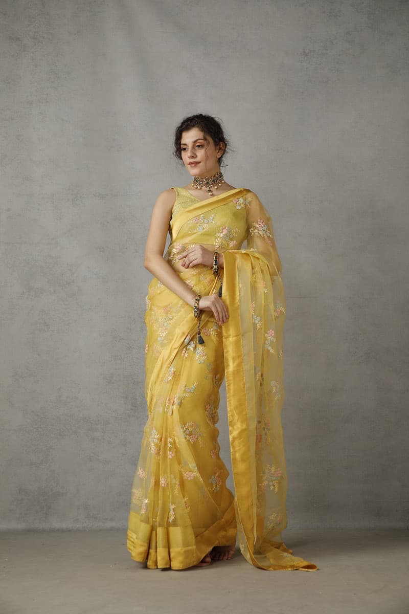 Vintage lemon organza saree