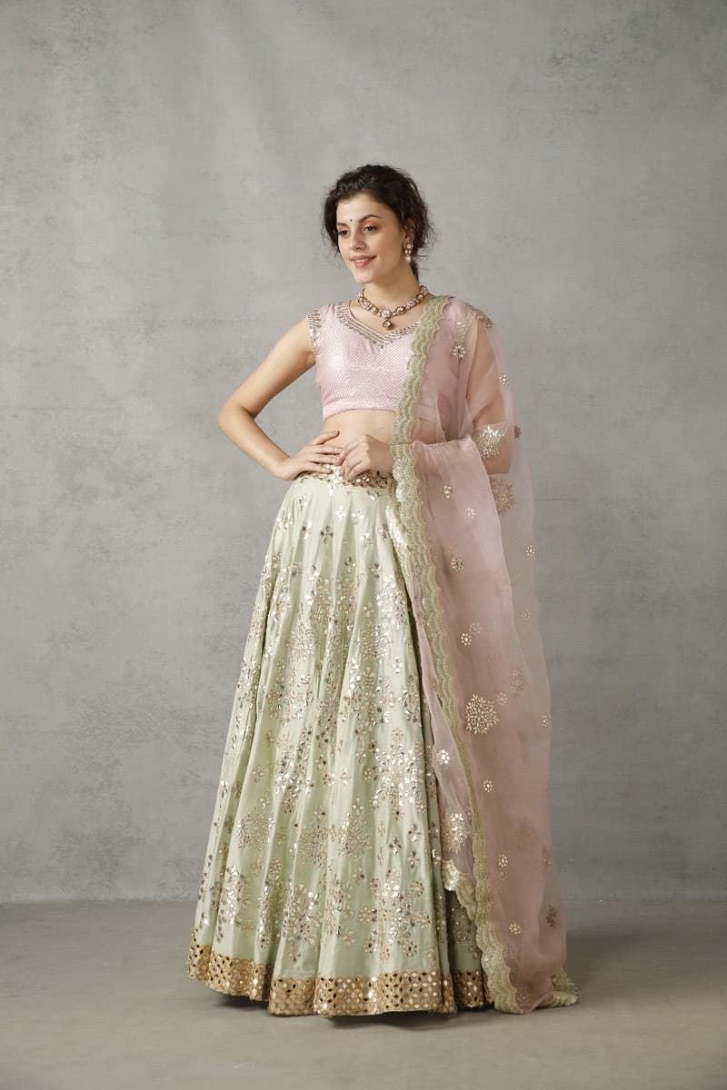 Blush Pink and Green Lehenga Set