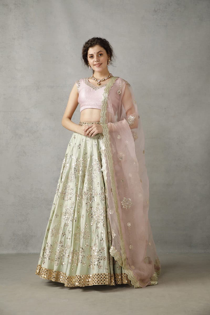 Blush Pink and Green Lehenga Set