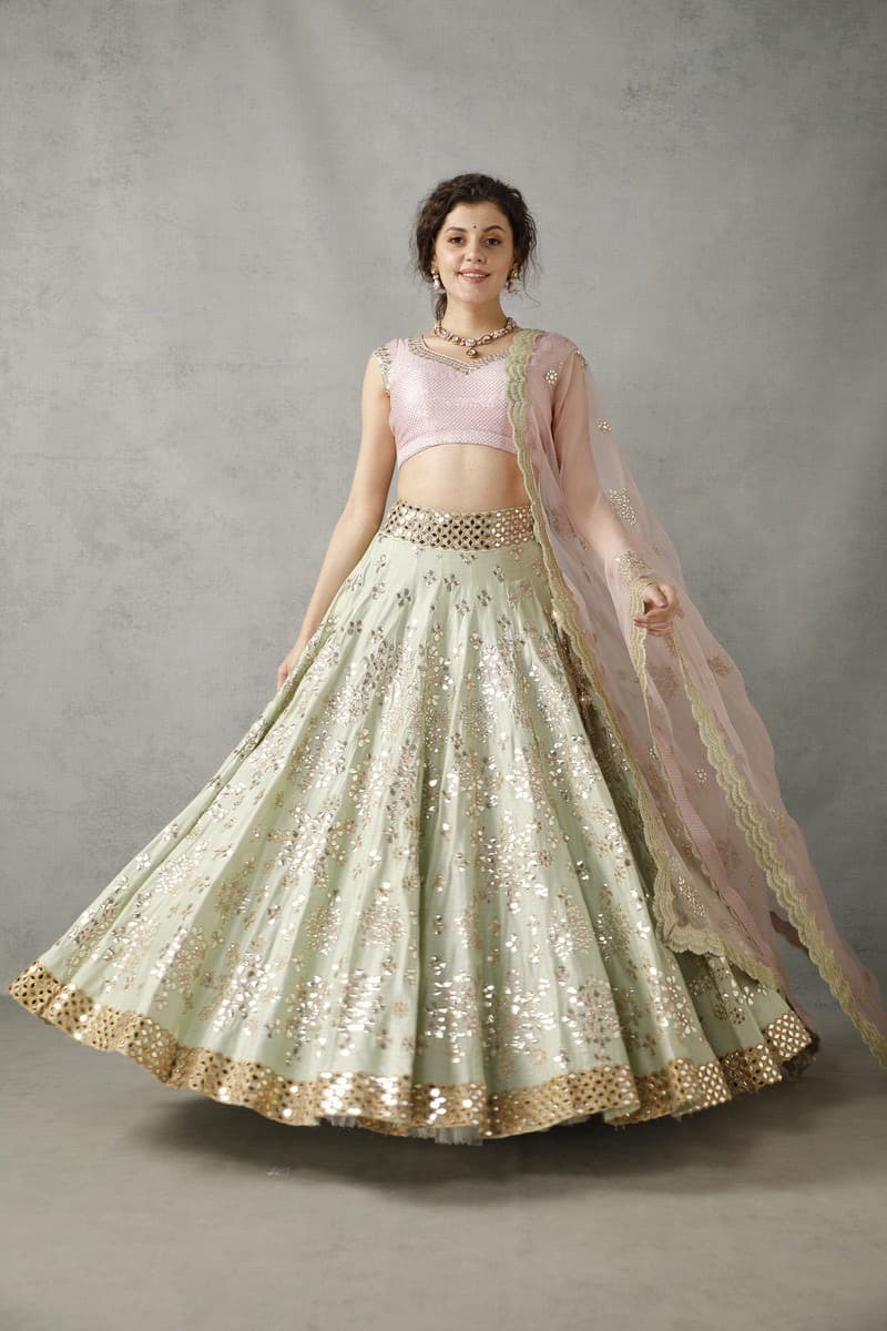 Blush Pink and Green Lehenga Set