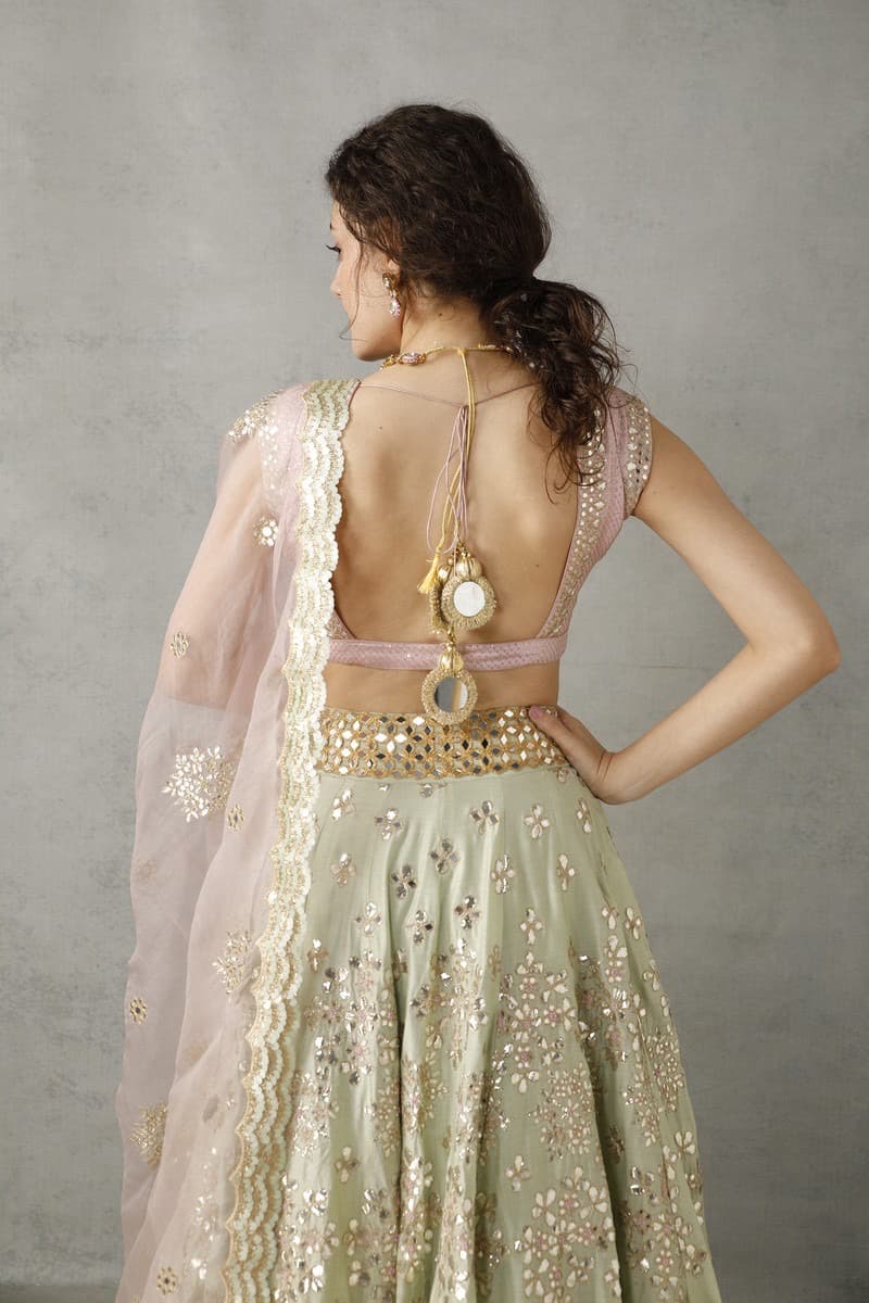 Blush Pink and Green Lehenga Set
