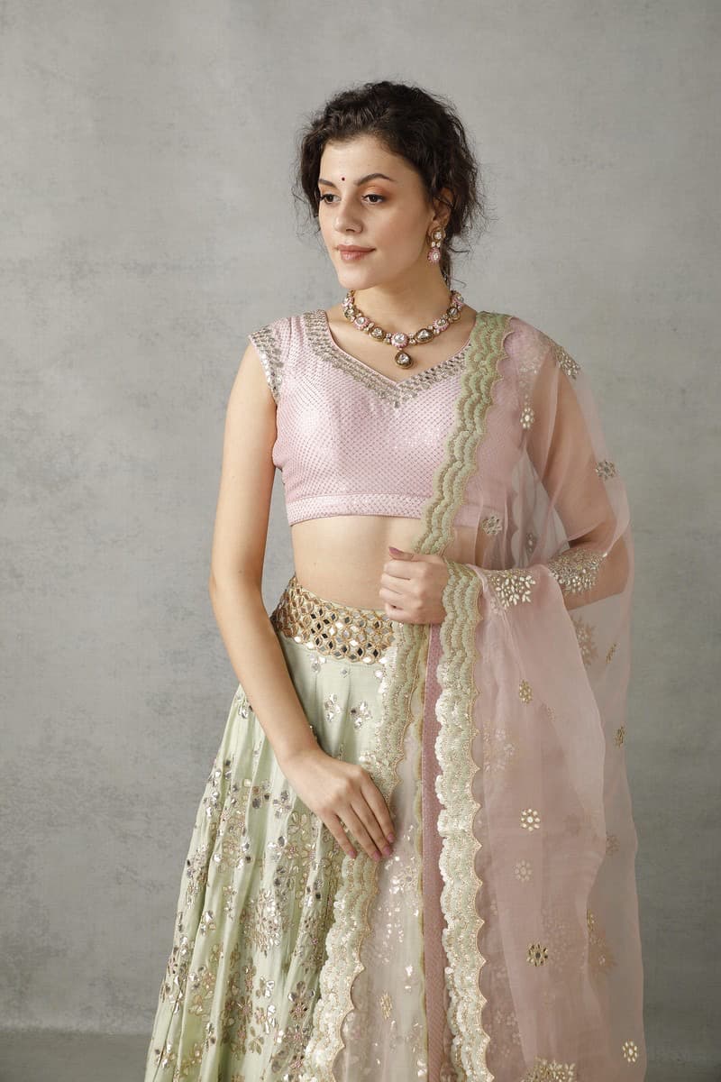 Blush Pink and Green Lehenga Set