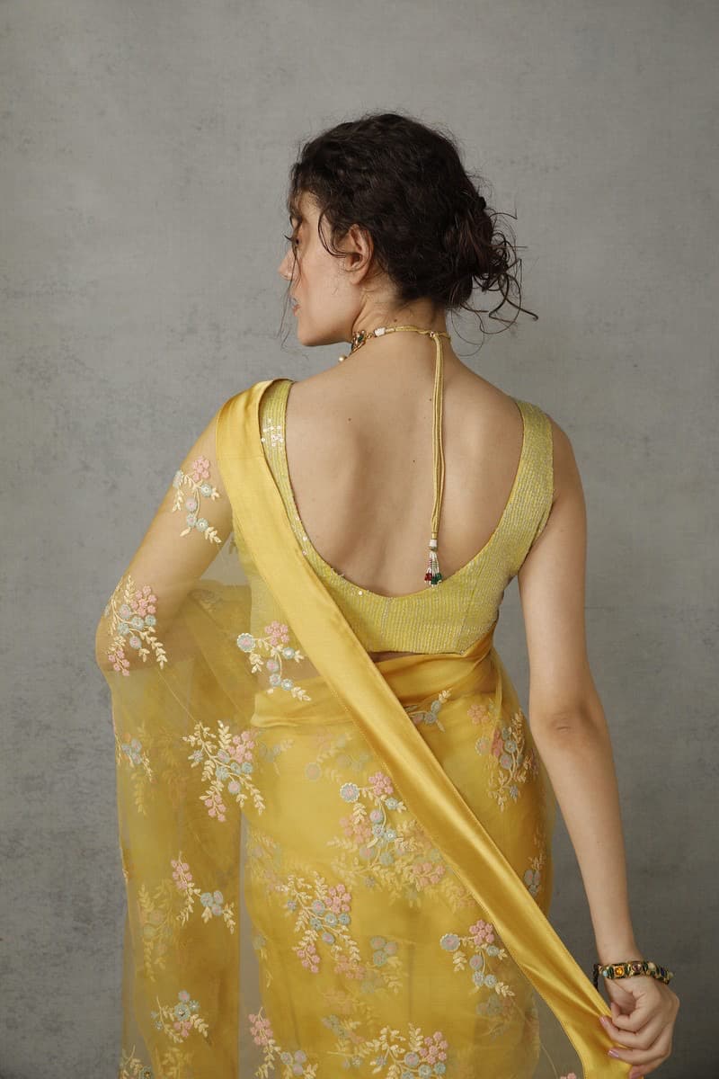 Vintage lemon organza saree
