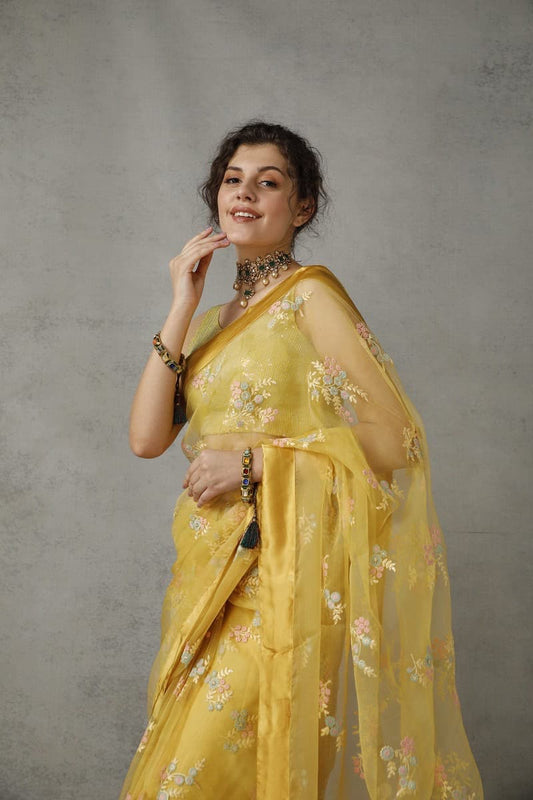 Vintage lemon organza saree