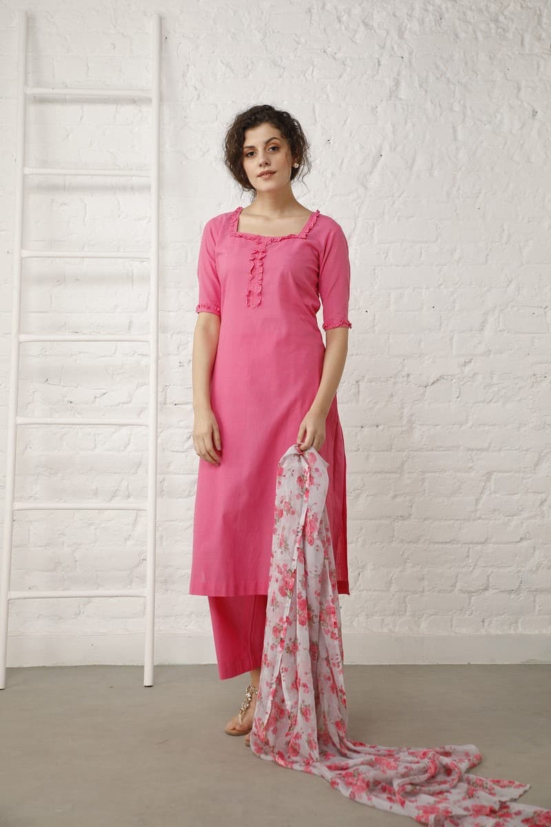 Rani Pink Suit Set with Printed Dupatta