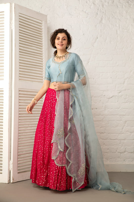 Blue and Pink Lehenga Set