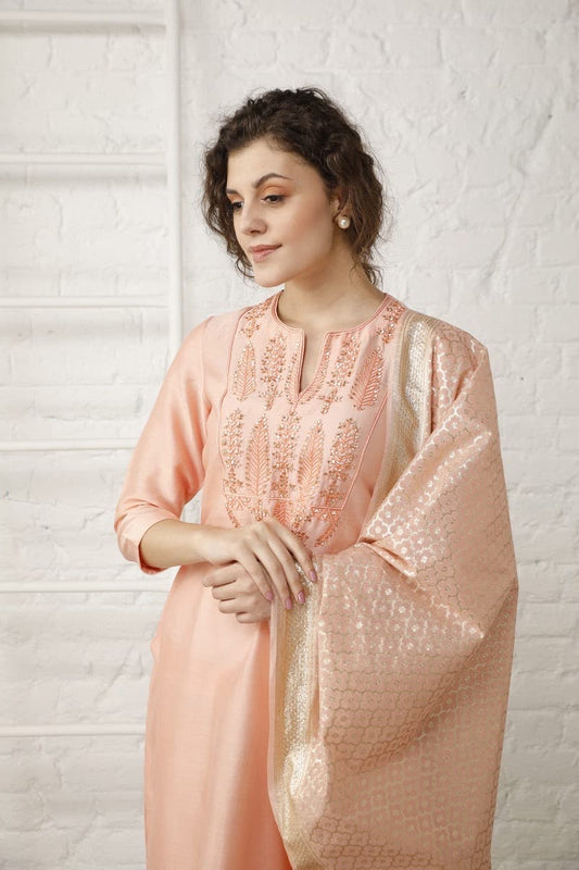 Vintage peach Chanderi Suit Set