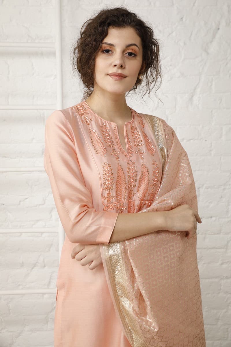 Vintage peach Chanderi Suit Set