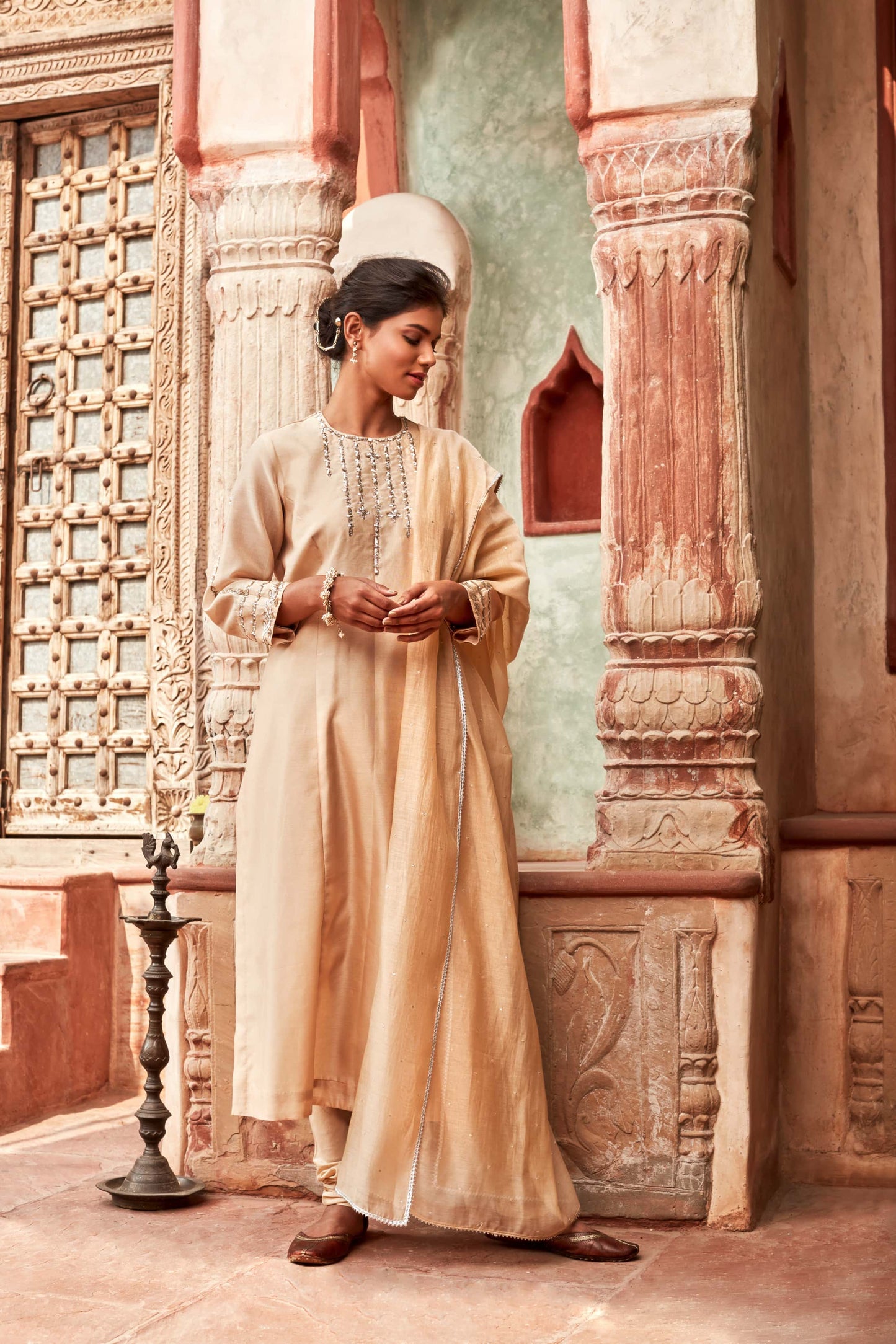 Beige Chanderisilk Suit Set