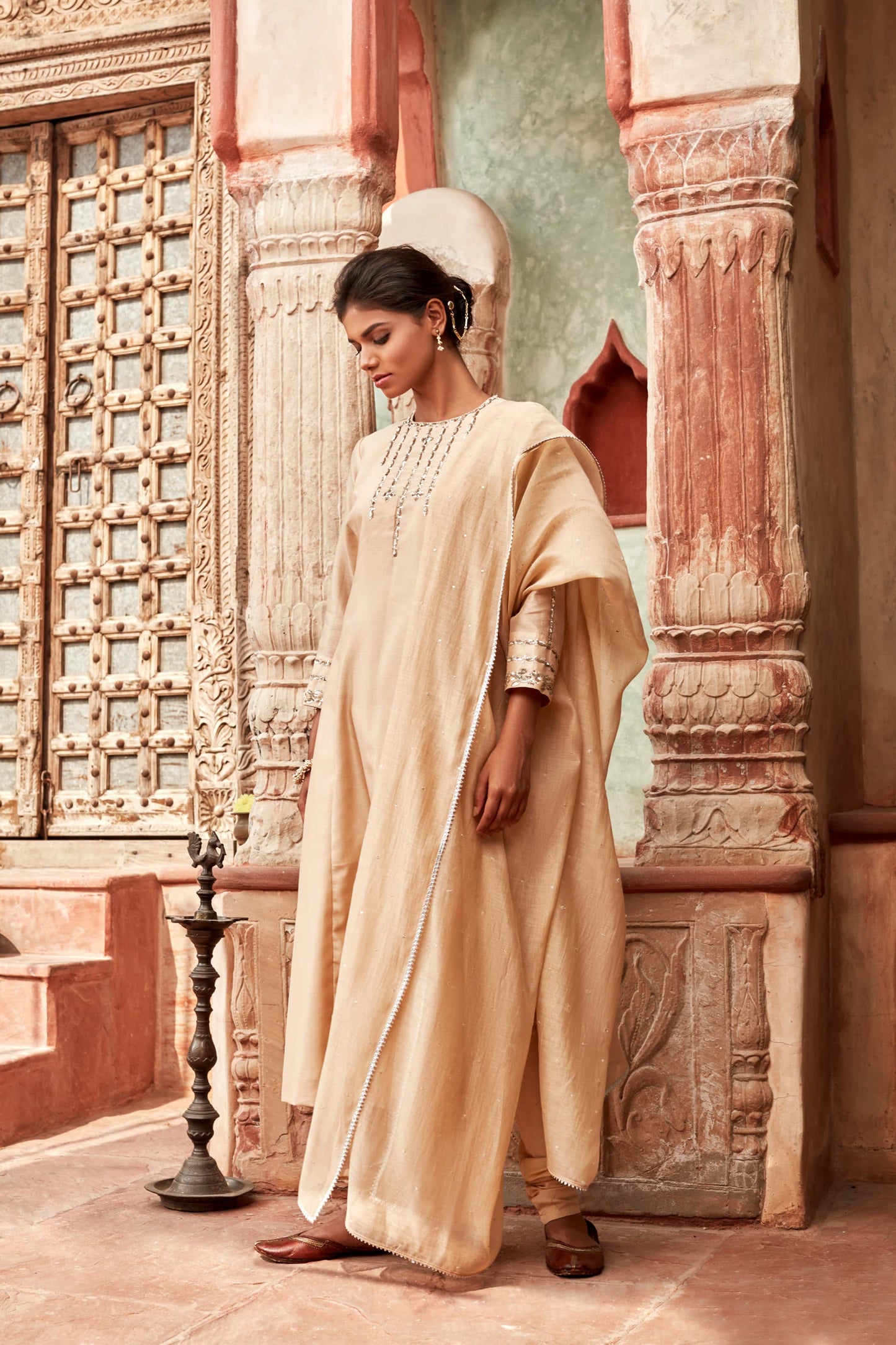 Beige Chanderisilk Suit Set