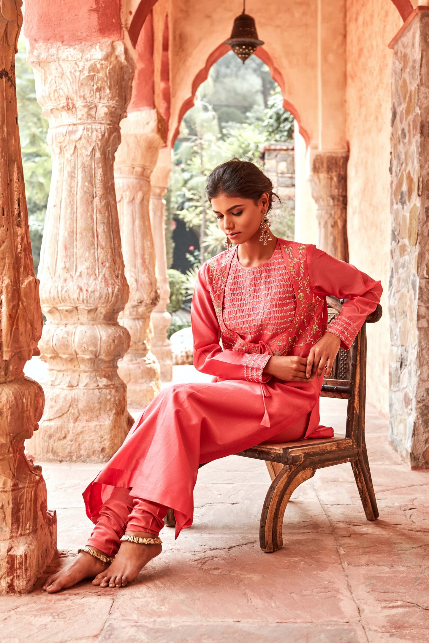 Coral Peach Angrakha with Chudidaar