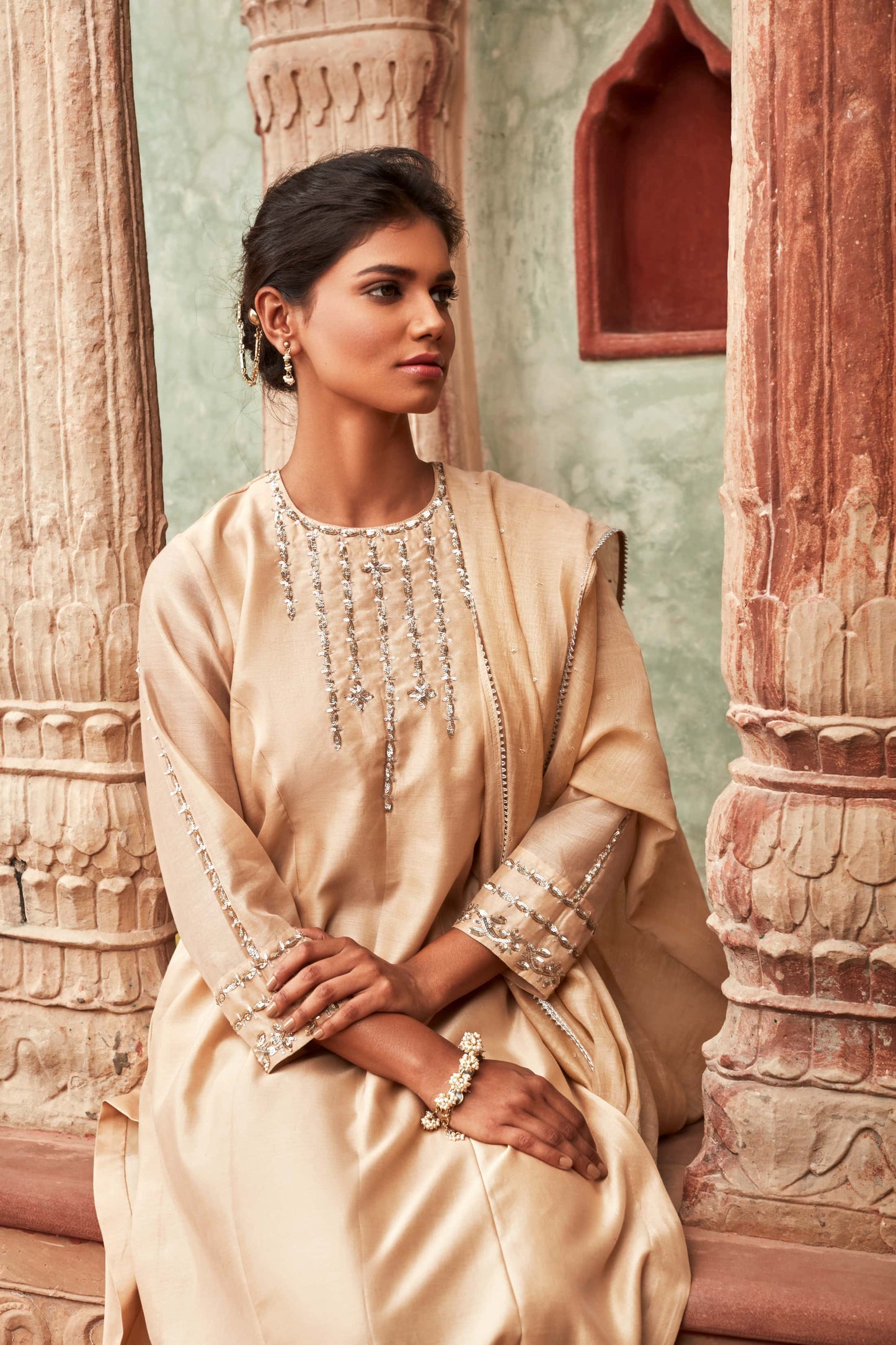 Beige Chanderisilk Suit Set