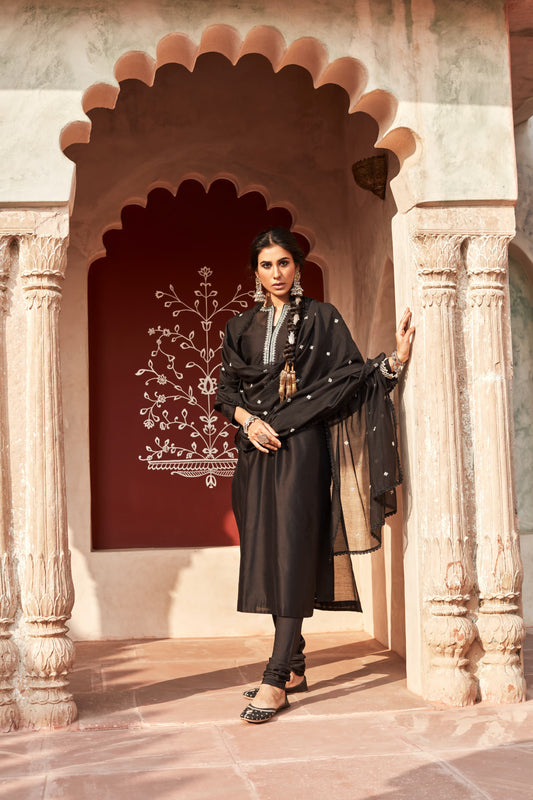 Black Chanderi Silk Suit Set