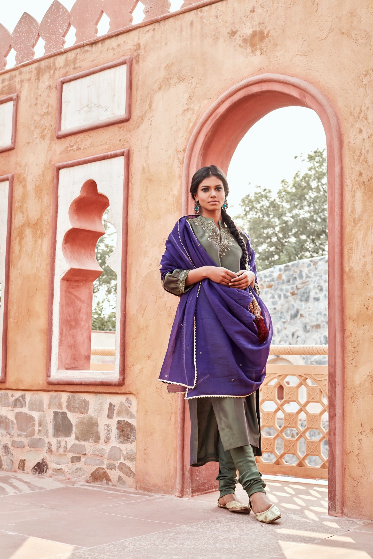 Olive Sreen Kurta Set with Purple Dupatta
