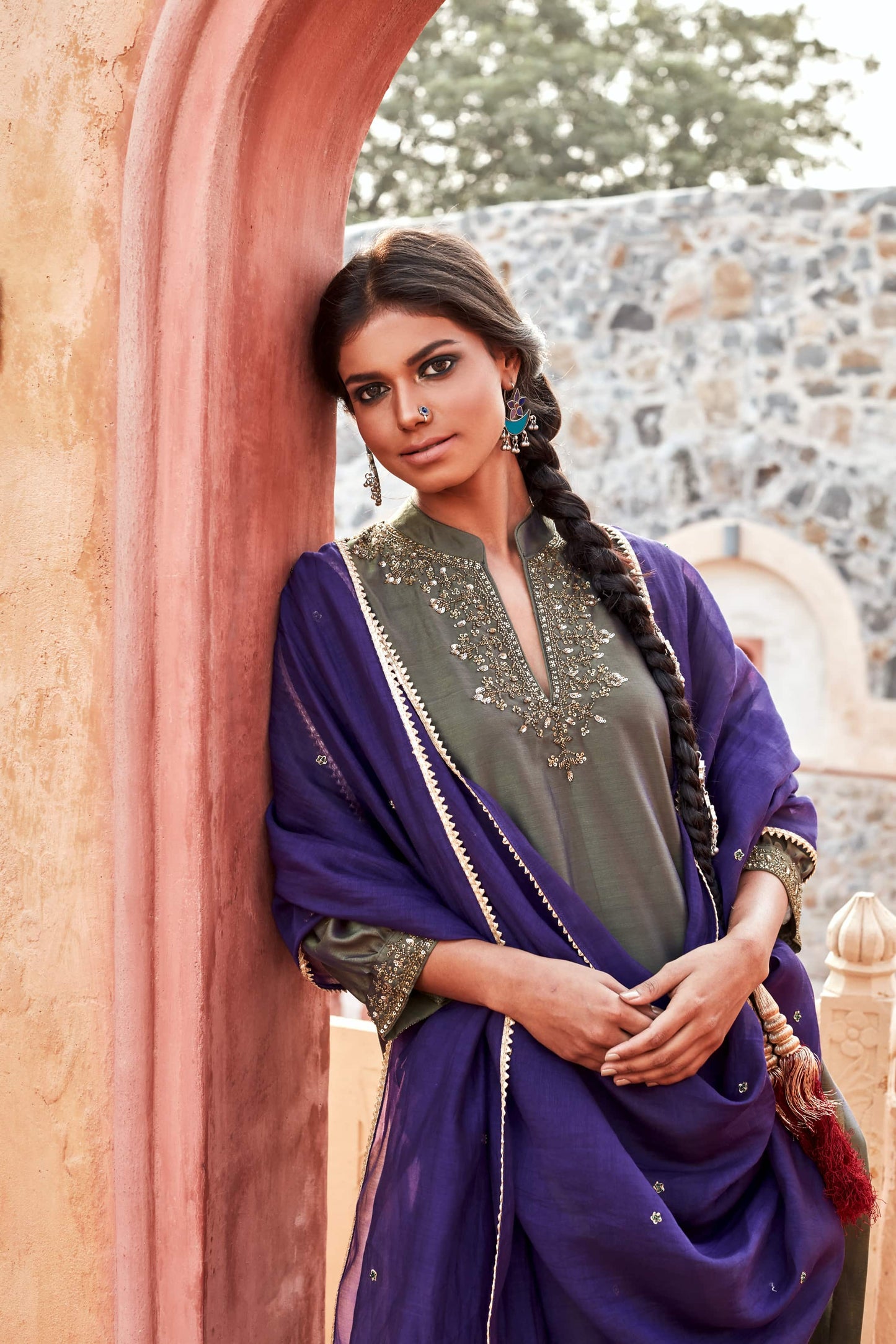 Olive Sreen Kurta Set with Purple Dupatta