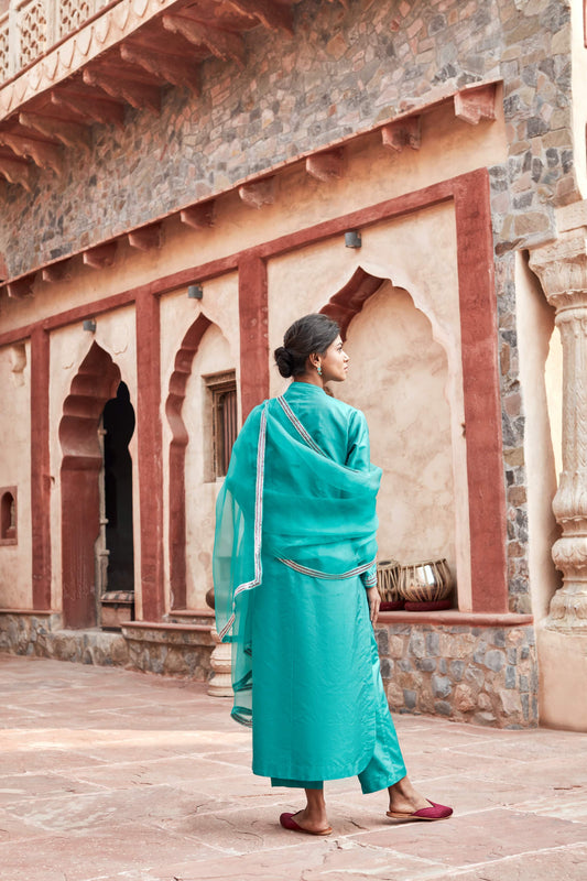Teal Pure Katan Silk Suit Set