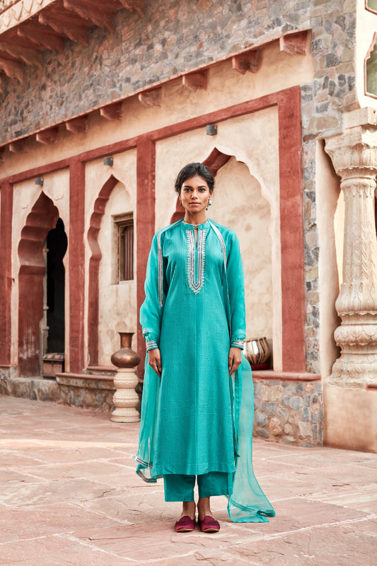 Teal Pure Katan Silk Suit Set