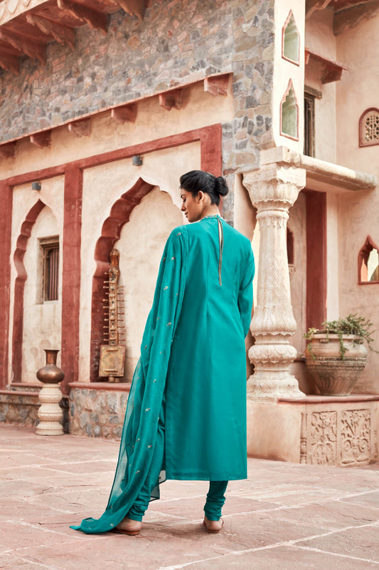 Teal Long Kurta Chanderi Silk Suit Set